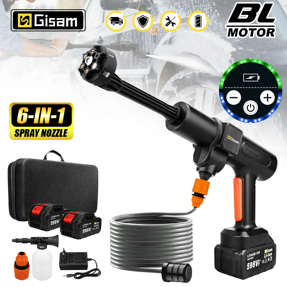 GISAM Electric High Pressure Washer 200Bar, brushless motor, 6 in 1 car wash garden water spray gun, power tool compatible with Makita 18V battery