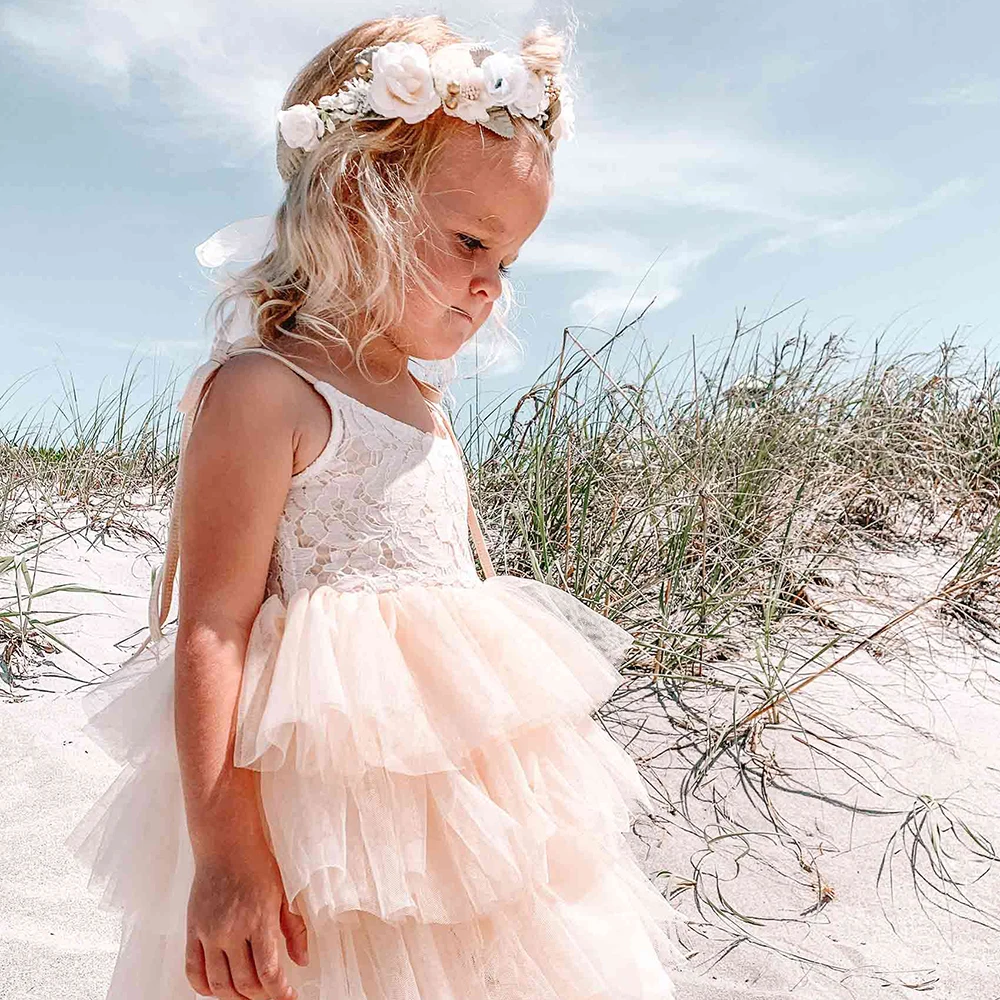 Summer Girls Sleeveless Strap Princess Dress Kids Lace Flower First Communion Dresses Children New Fashion Beach Tulle Clothes