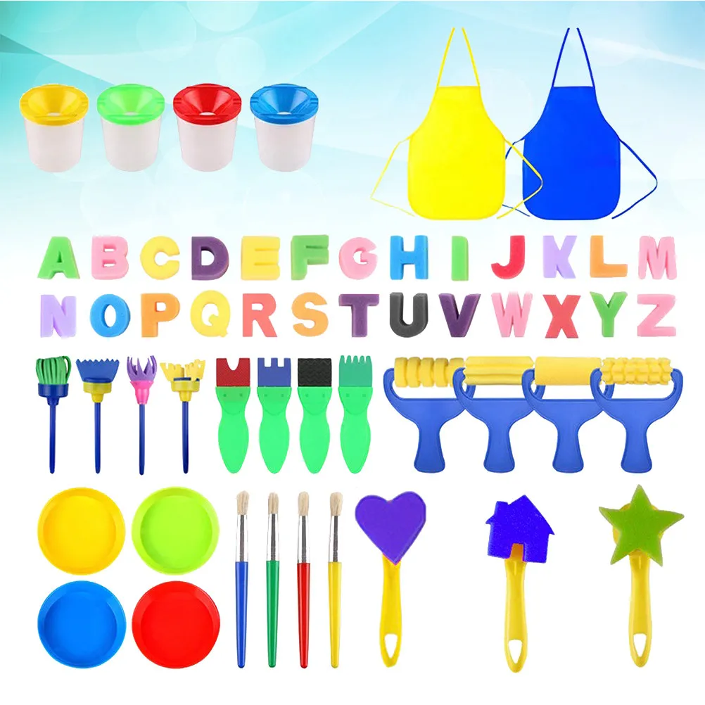 55Pcs 어린이 미술 그림 스폰지 브러쉬 세트 어린이를위한 안전하고 부드러운 플라스틱 스폰지 브러쉬 DIY 공예 그림 창의적 학습