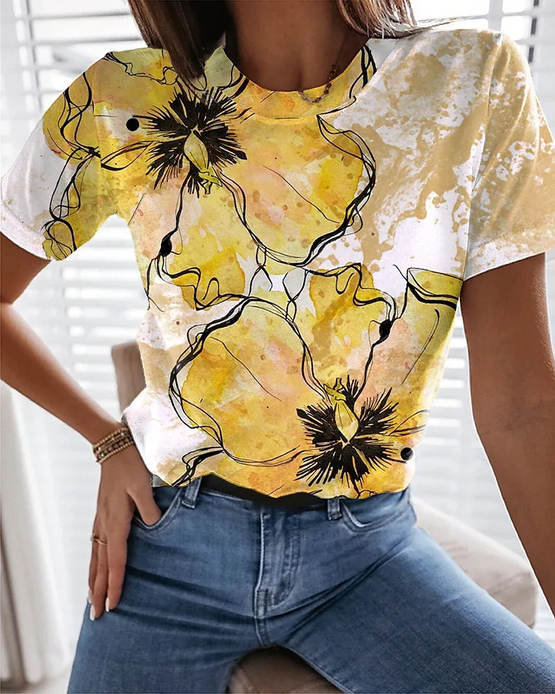 

Summer Women 3D Printed Flowers T-Shirt Fashion Trend Tops Ladies Casual Short Sleeve Clothing Girls O-Neck Elegant Tees