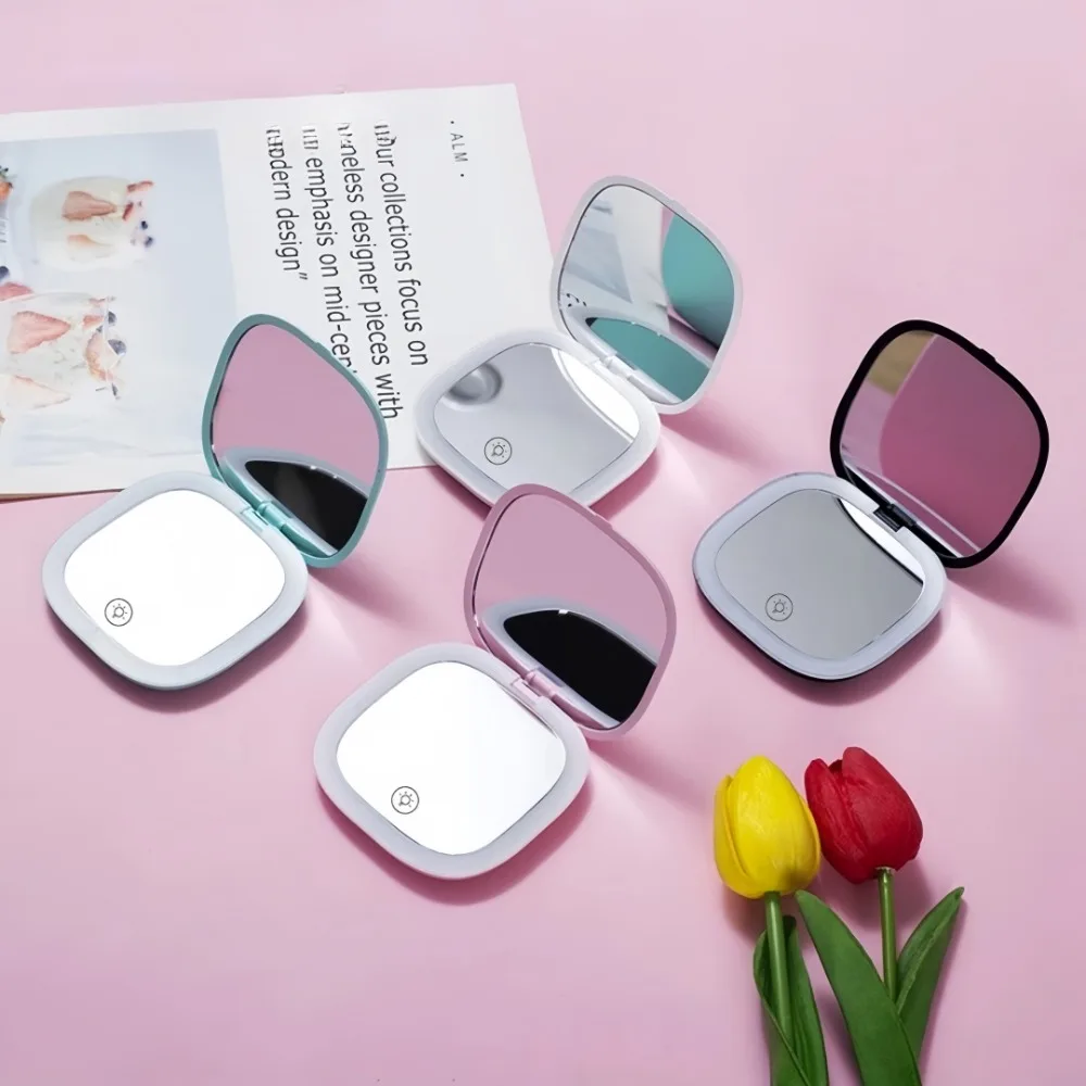 Double Sided LED Makeup Mirror Adjustable Color 3x Magnification USB Charging Portable Folding Women's Outdoor Use