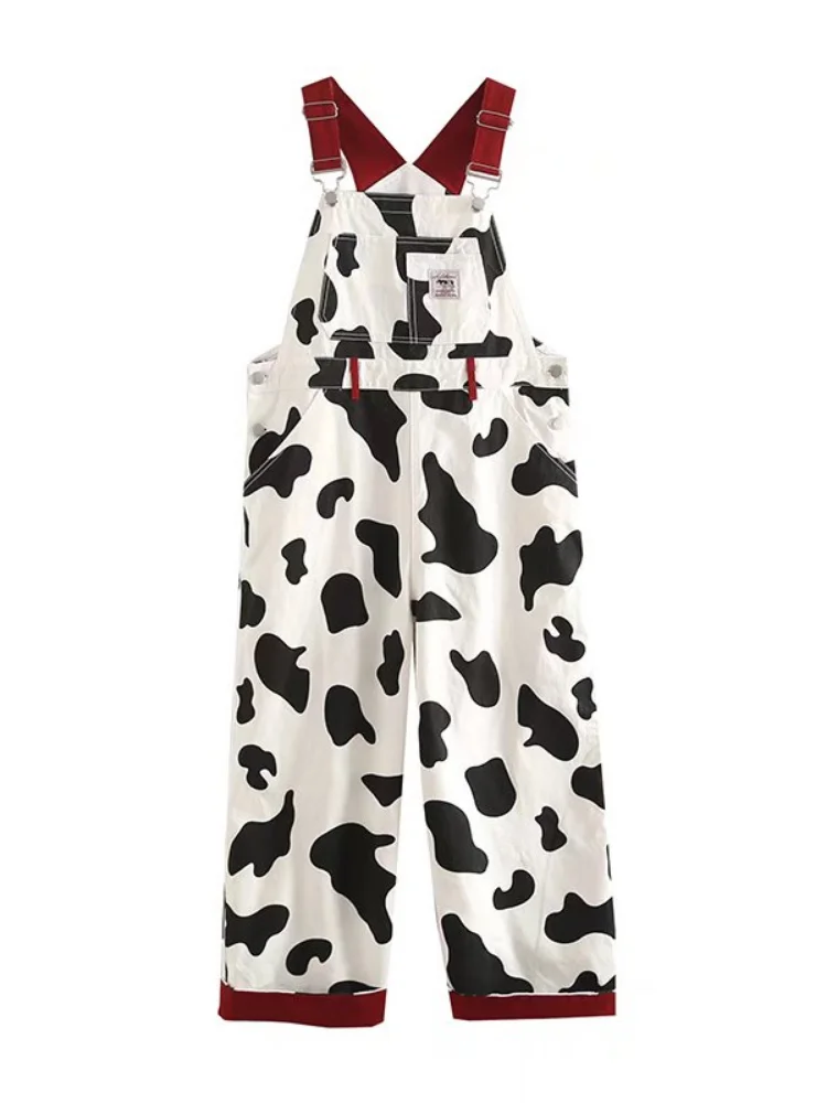Women Cows  Print Cute Denim Jumpsuits 2022 Summer Sweet Full Length Playsuits Sleeveless Korean Ladies Daily Work Overalls