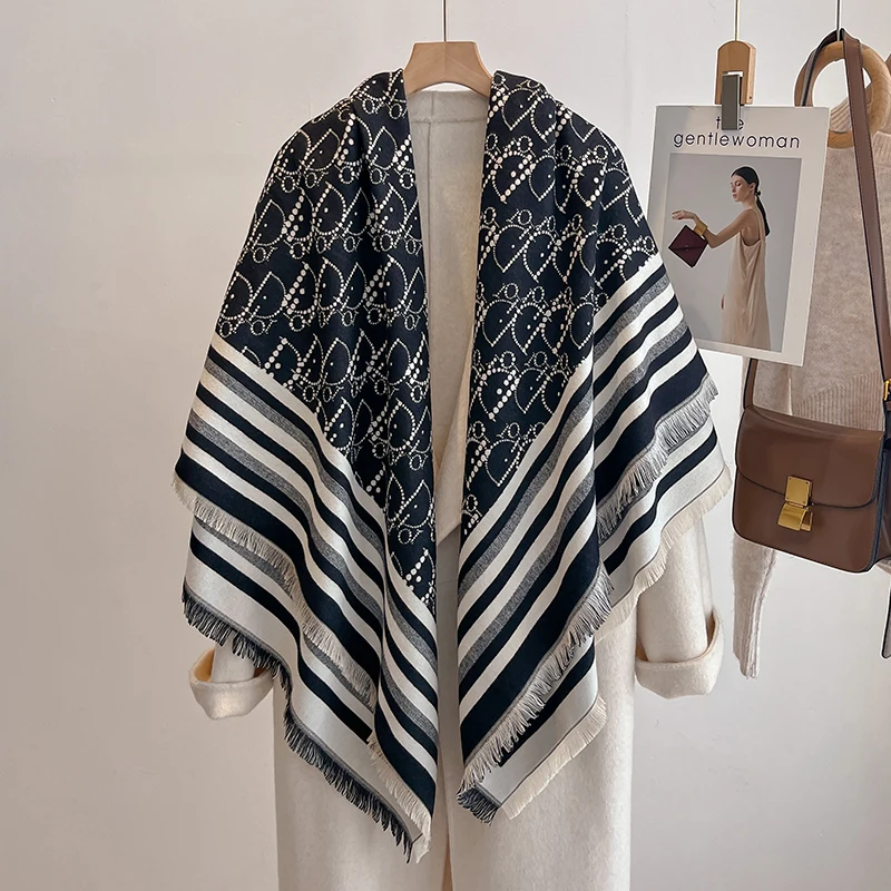 Elegant Striped Design Scarf Imitation Cashmere Soft Warm Versatile Shawl Coldproof Windproof Blanket Scarf for Autumn Winter