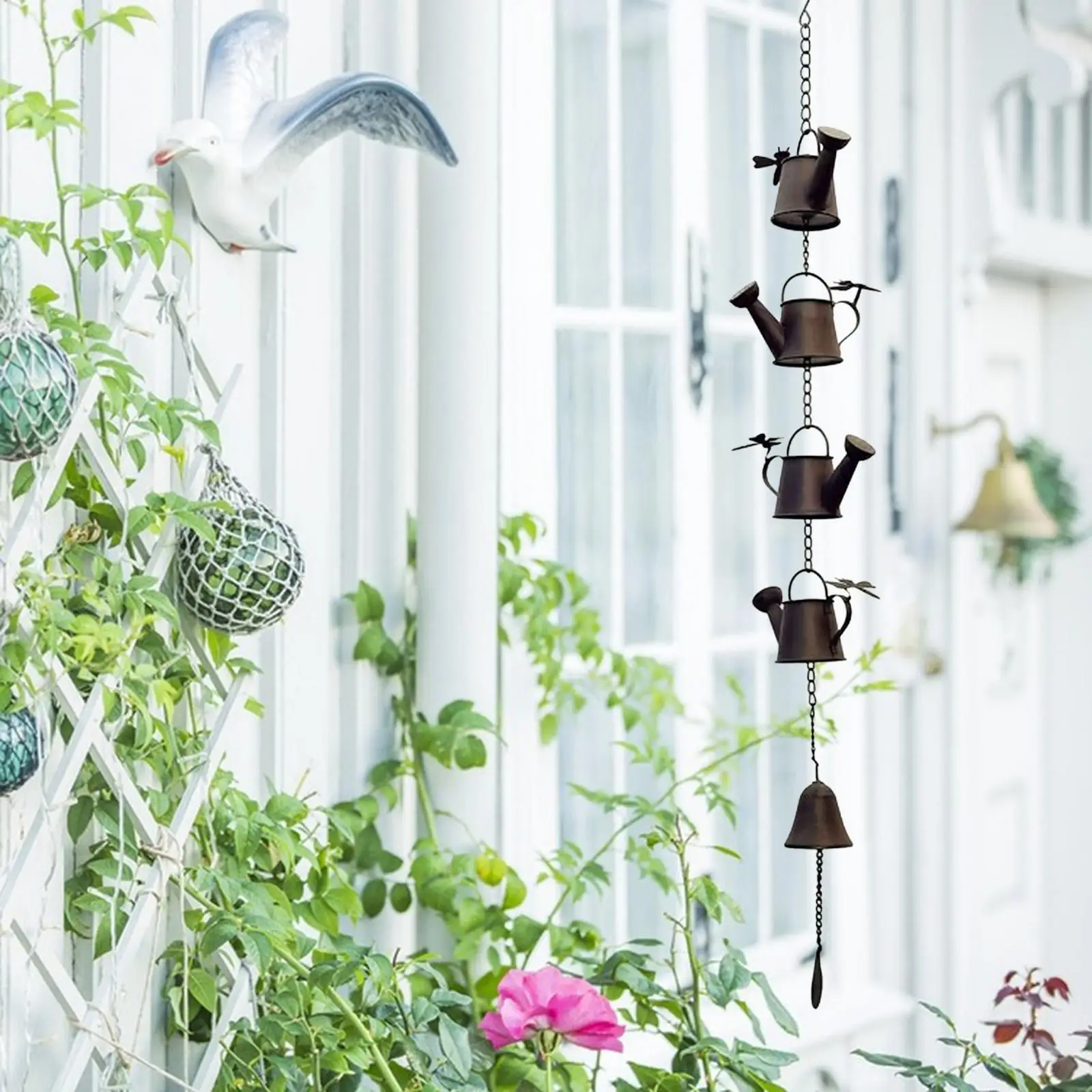 Metal Watering Can with Bell Chime, Rain Chain, Display Stand