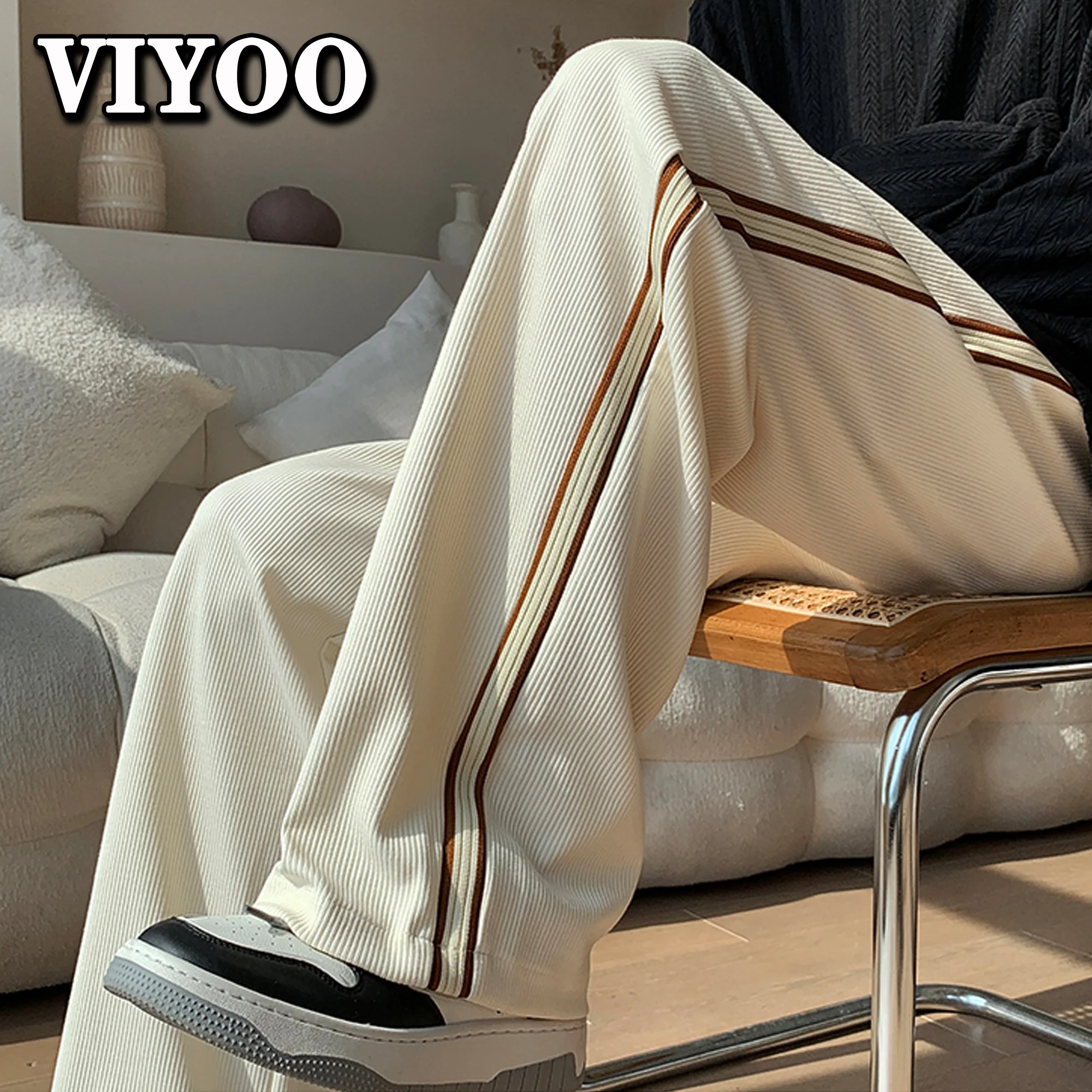 

Men's White Corduroy Straight Leg Striped Pants Sweatpants Drawstring Jogger Casual Brown Harajuku Y2K Pants Men Trousers