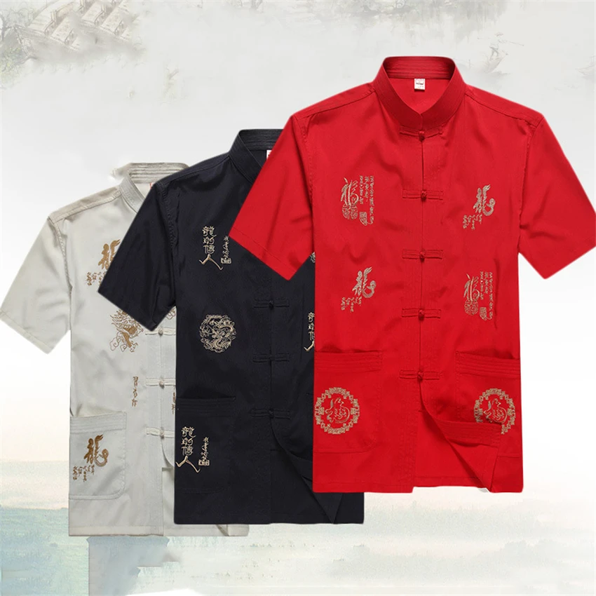 

Summer Embroidery Dragon Print Blouse Tops Men Tang Suit Chinese Traditional Hanfu T Shirt Kung Fu Coat Father Oriental Cardigan