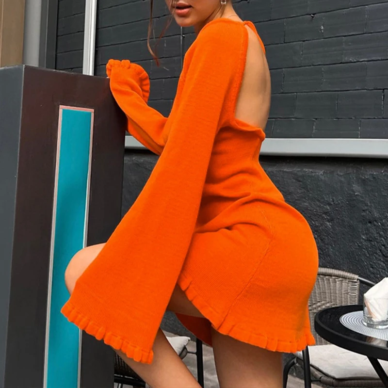 

BKLD Backless Knit Dress Solid Color Long Flare Sleeves High-waist Casual Hollow Lacing Crew Neck Short Dress Fashion Streetwear