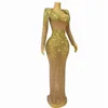 Sexy Stage Elegant Luxury Evening Shining Gold Rhinestones Dress Women Cocktail Party Gowns Birthday Stage Photoshoot Costume 3