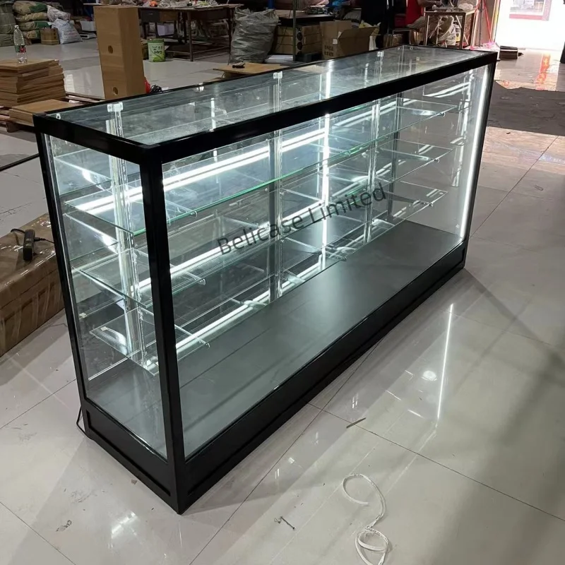 Custom.70 인치 대용량 식료품 가게 유리 캐비닛, LED 조명 쇼케이스, 소매점 가구 디스플레이 캡