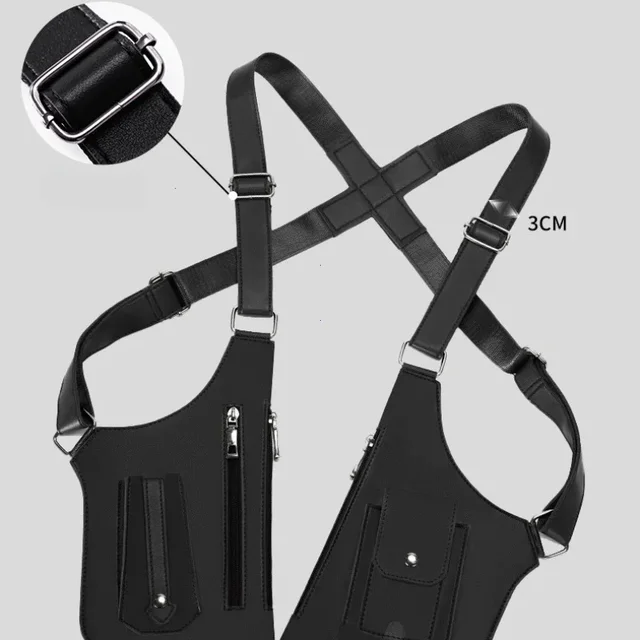Sacs à bandoulière arrière pour hommes, Double bandoulière multi-poches, gilet tactique antivol d'extérieur, sac de poitrine imperméable en cuir PU 1