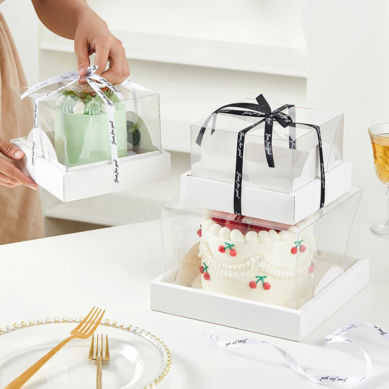5/10 Pcs Square Transparent Cake Box 4/6 Inch – Clear PVC and White Cardboard Dessert C... - SKU TCB00943 - UGI Packaging