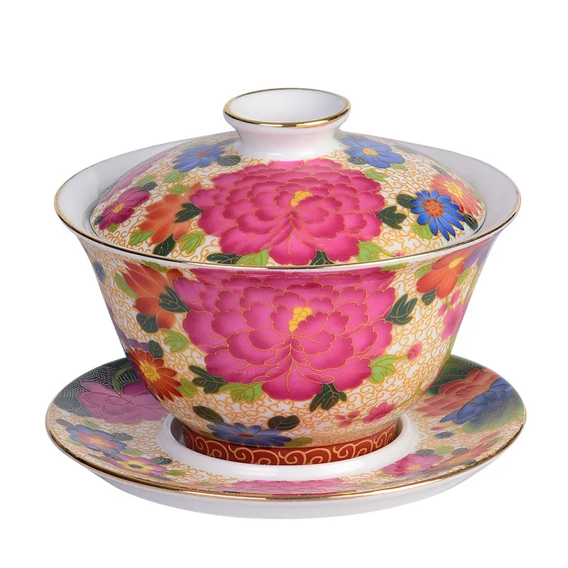 Chinese Kungfu Gaiwan Tea Tureen Intricately Designed Dragon and Phoenix Tea Cups with Elegant Ceramic Color Enamel Teaware Tea Set