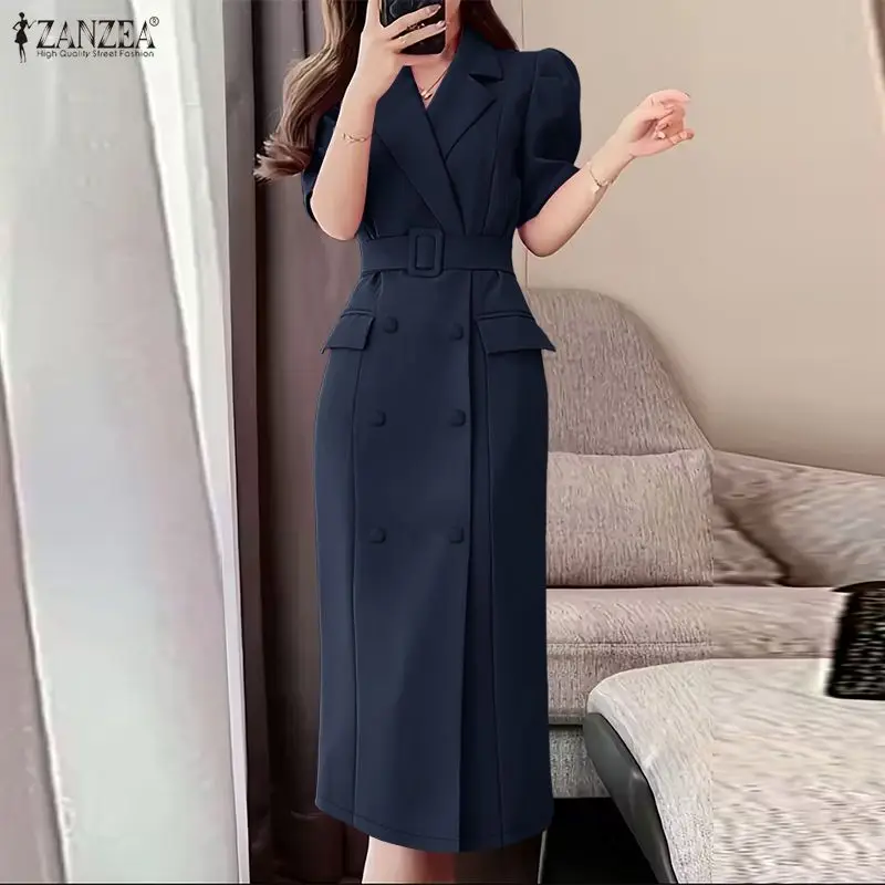 ZANZEA Elegant OL Office Lady Dresses Women Suit Collar Short Sleeve Midi Sundress 2026 Summer Casual Solid Vestidos Streetwear 2