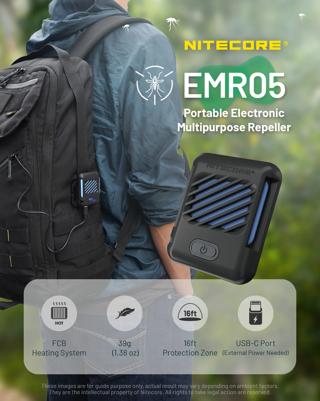 NITECORE EMR05 휴대용 미니 다목적 리펠러 USB-C 충전 여름용 홈 수면 캠핑 하이킹 트레킹 워킹 더 도그