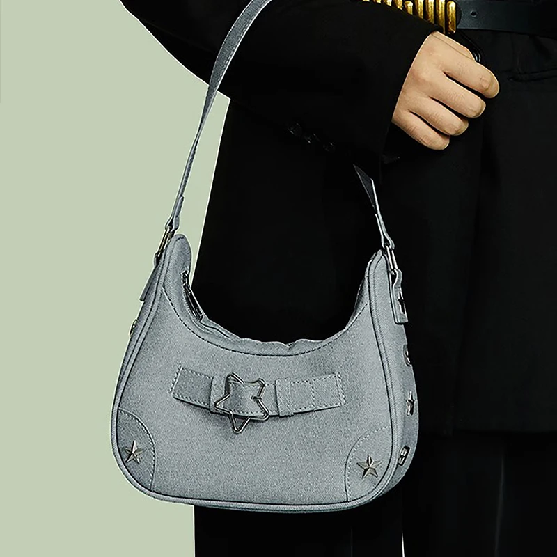 Y2K Korean Gothic Star Girl Black Handbag Harajuku Aesthetic Vintage Shoulder Crossbody Bag Trendy Women Messenger Tote Bags