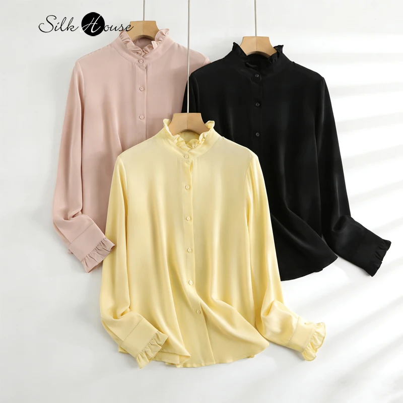 Women's Spring/Autumn New Palace Style 100% Natural Mulberry Silk 03 Crepe De Chine French Solid Long Sleeve Petal Collar Shirt
