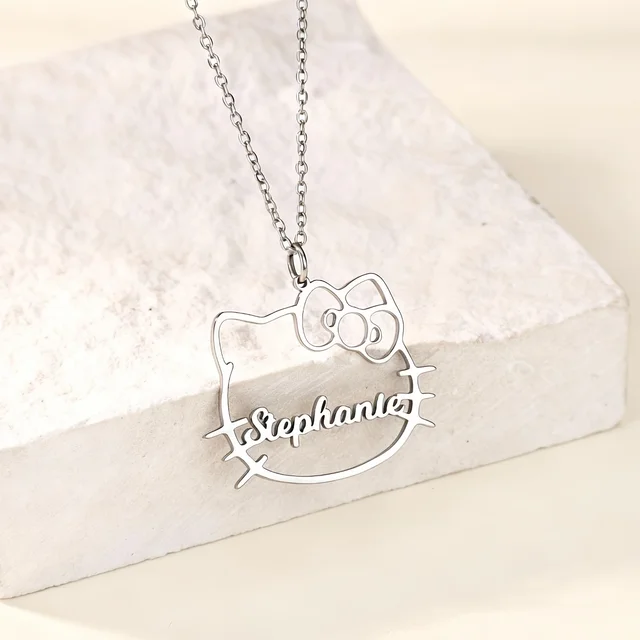 Sanrio – collier personnalisé Hello Kitty pour femmes, plaque nominative personnalisée, pendentif chat de dessin animé, bijoux en acier inoxydable