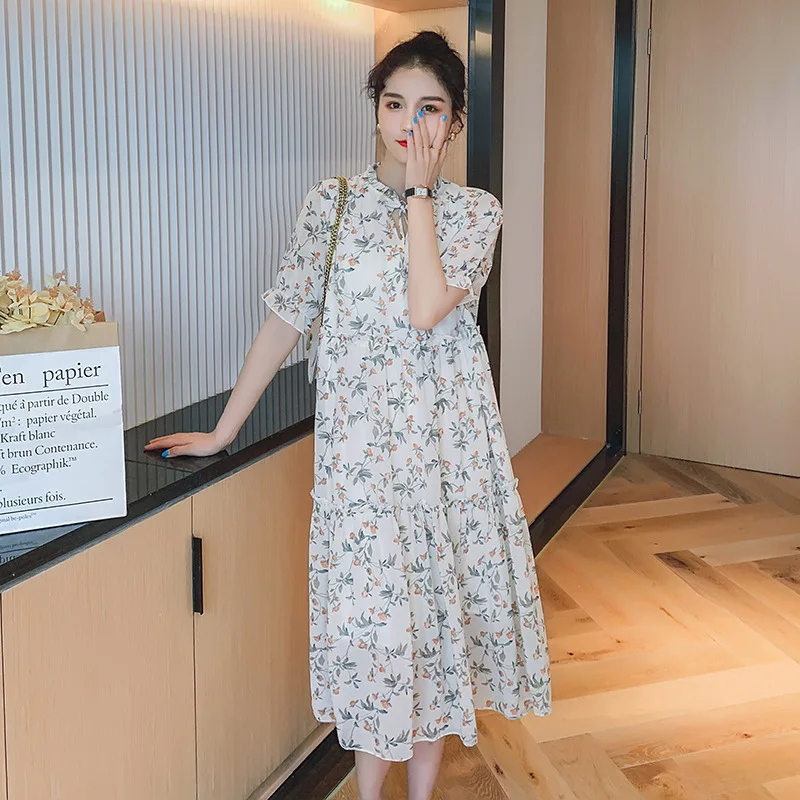 

New Pregnancy Summer Short Sleeve Clothes Maternity Dress Chiffon Floral Casual Mid-Calf Pregnant Women Elegant Print Vestidos