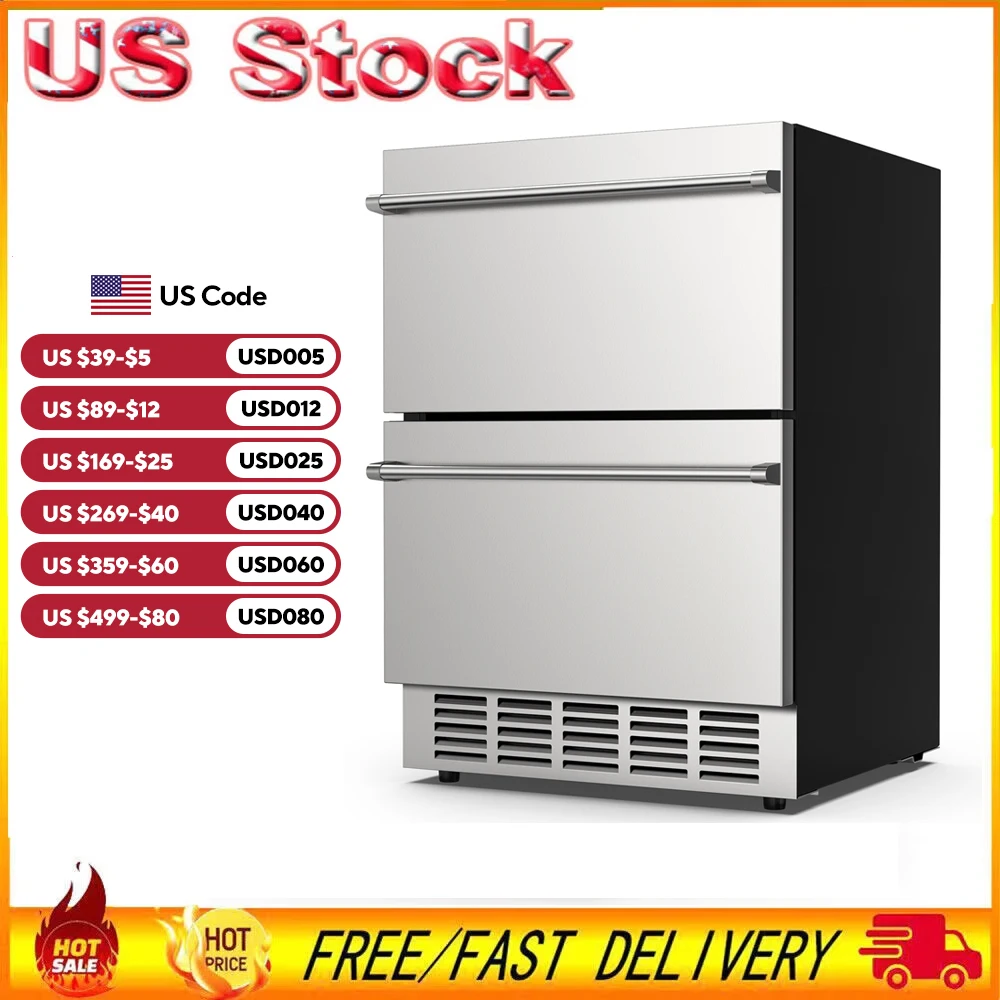 24 Inch Under Counter Double Drawer Fridge Indoor and Outdoor Beverage Refrigerator Stainless Steel Beverage Fridge Foam Door