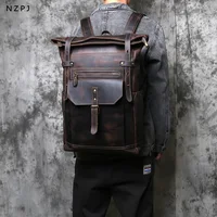 NZPJ Vintage Genuine Leather Men's Backpack Crazy Horse Leather Computer Bag Natural Top layer Cowhide Backpack Travel Bag 1