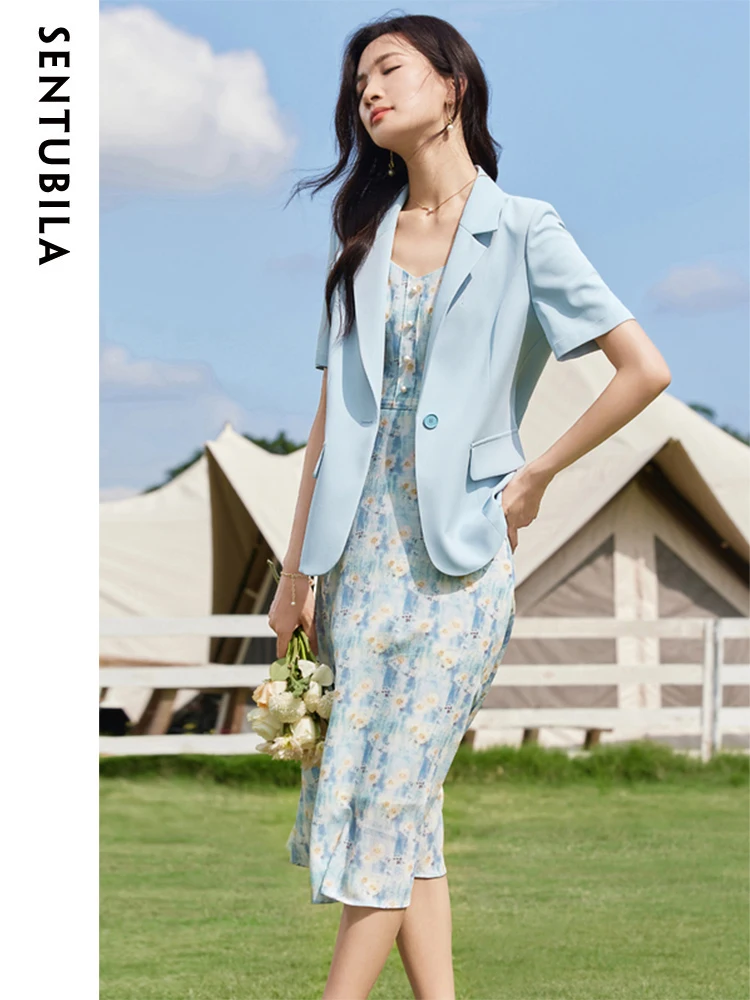 Sentubila Floral Two Piece Dress 2023 New Summer Short Sleeve Blazer Office Lady Flower Print Strap Dresses Woman Suit 132Z49645