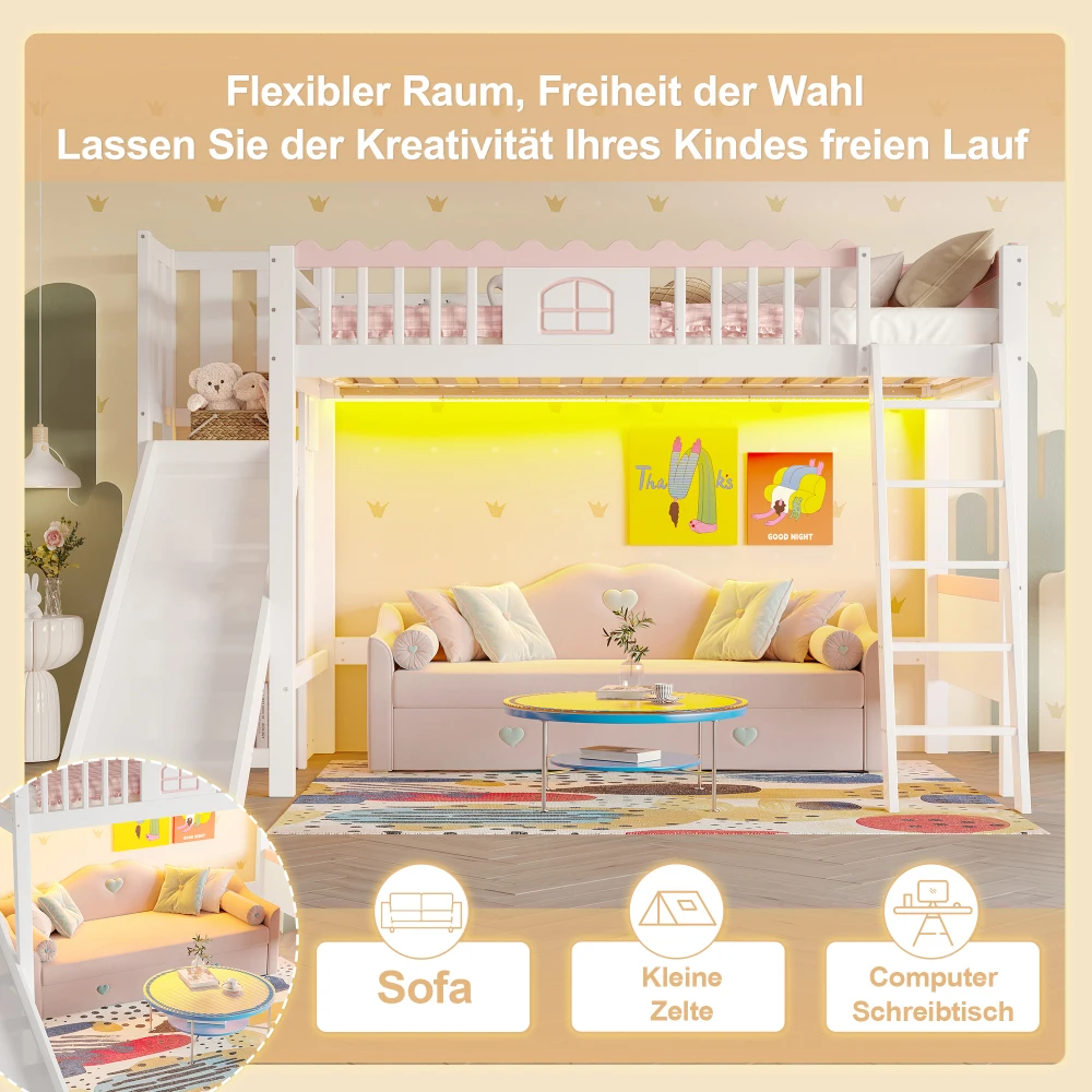 90x200cm modernes Etagenbett, Einzelbett (ohne Matratze), mit LED-Leuchten, mit Kleiderschrank, mit Ablagefach, Kiefernholz, für Schlafzimmer – Detail 29