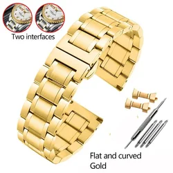 High Quality Solid Stainless Steel Watch Strap with Metal Flat/Curved Ends - Premium Watch Bracelet Accessories for 14mm (Gold)