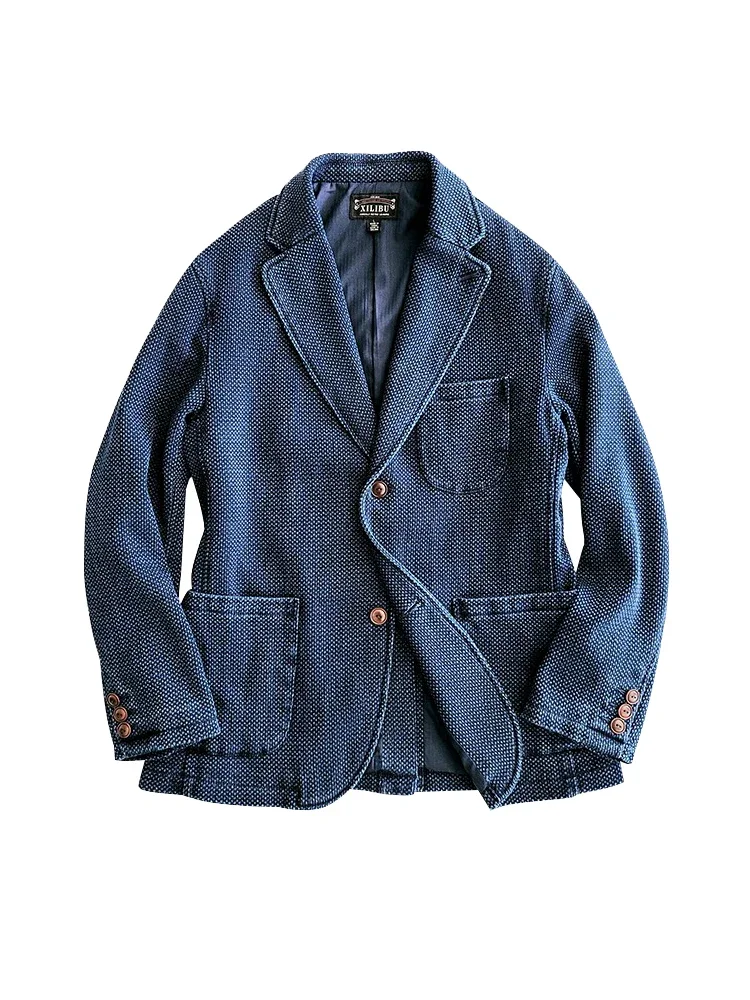 Amekaji Wear Clothes Men Blue Dyed Suit Cotton Casual Solid Color Long Sleeve Jacket 2