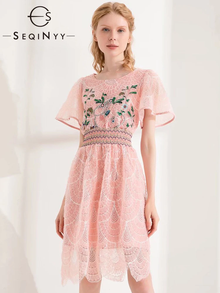 

SEQINYY Pink Sweet Dress Summer Spring New Fashion Design Women Runway Ruffles Embroidery Flowers Sequins Elastic Waist Mesh