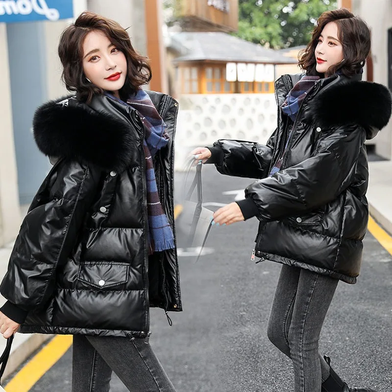 2023 New Women Down Bread Jacket Winter Coat Female Short Parkas Loose Thick Glossy Outwear Artificial Fur Collar Overcoat
