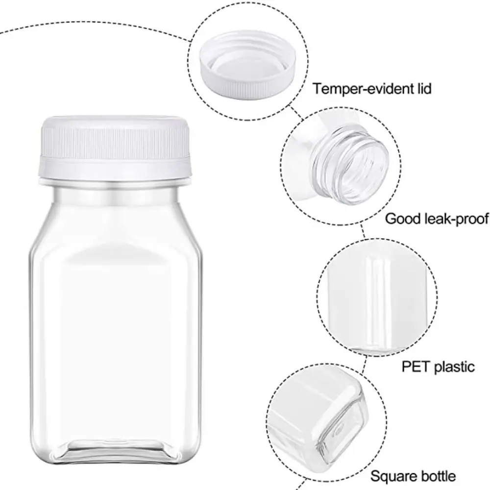 4 Pcs Plastic Juice Bottles New 120ML/150ML Transparent Clear Drink Containers Tamper Proof Lids Empty Square Bottle Milk