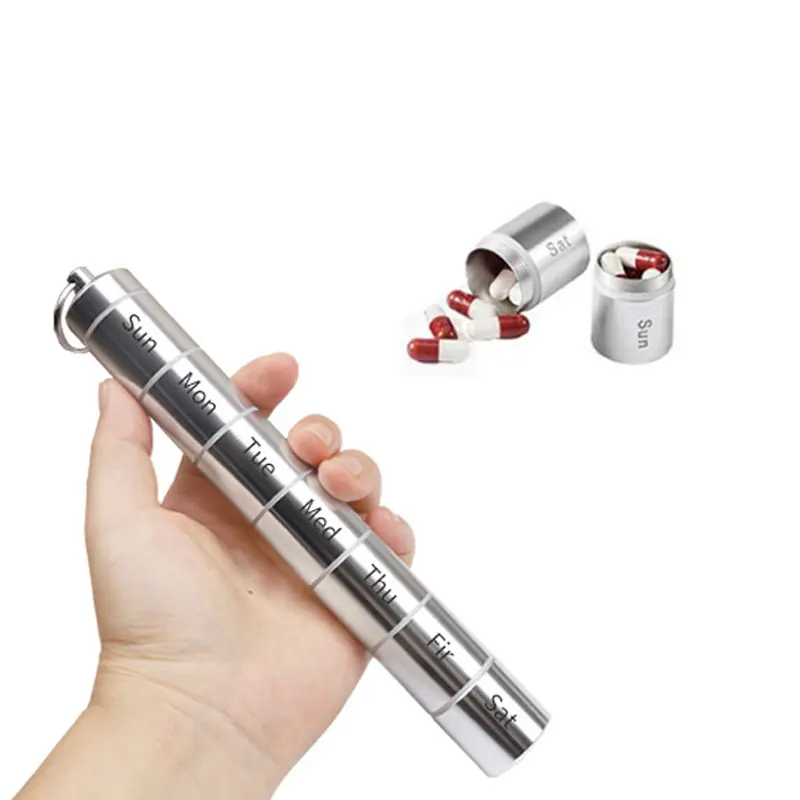 Aluminum Alloy Tube Travel Pill Box Holder Weekly Medicine Storage Organizer Container Seal Waterproof 7 Grids Medicine Case