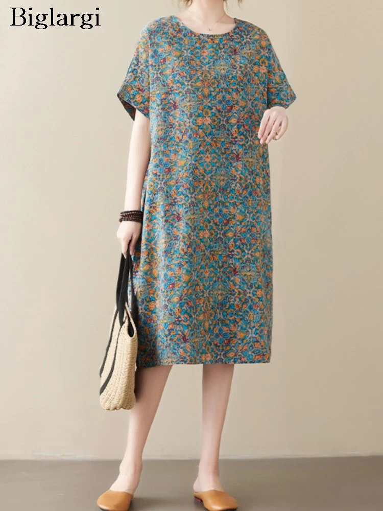 

Платье женское средней длины с цветочным принтом, Модный повседневный свободный плиссированный сарафан с коротким рукавом, в стиле оверсайз, на лето