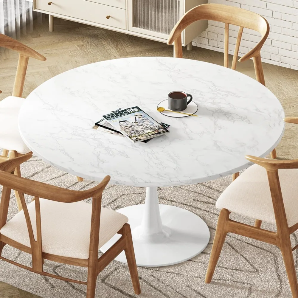 White Marble Round Dining Table, 42.1 Tulip Table Kitchen Dining Table 4-6 People with MDF Table Top & Pedestal Base