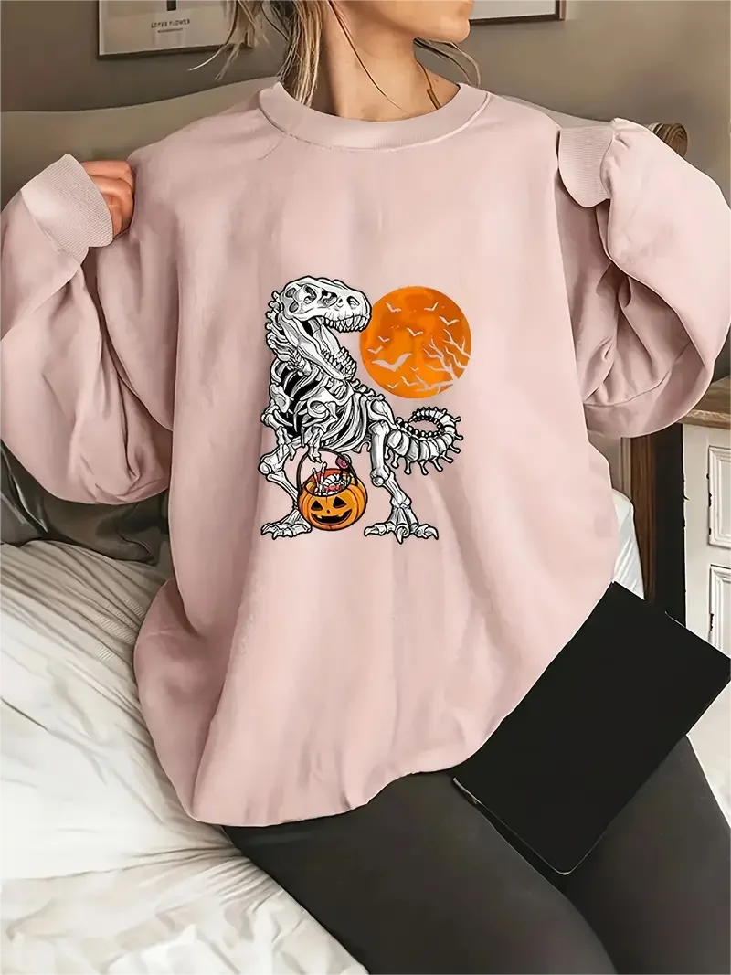 Women's Halloween Pumpkin Dinosaur Print Long Sleeve Round Neck Pullover Top, Plus Size Casual Sweatshirt
