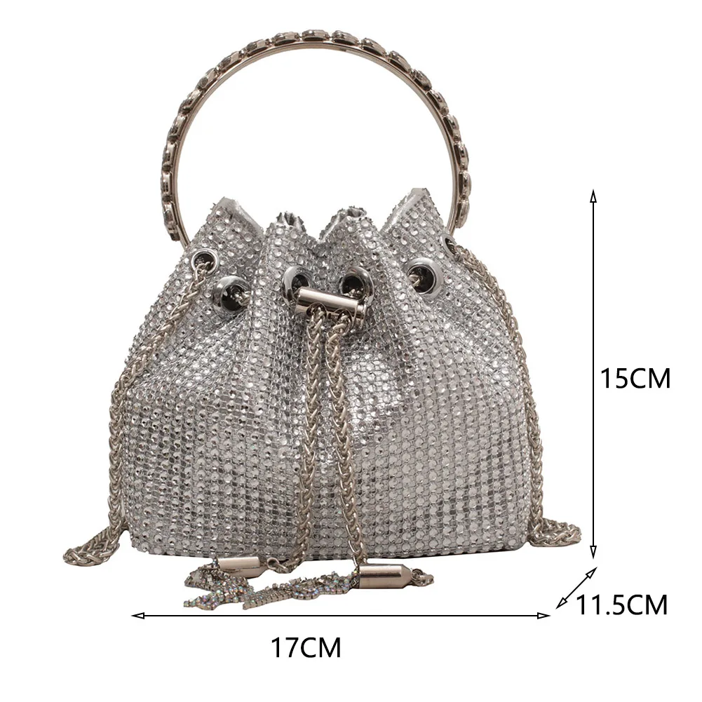 Diamonds Tassel Evening Clutch Bag Women Luxury Designer Chain Metal Ring  Handle Shiny Crystal Bucket Purse Bridal Wedding Party