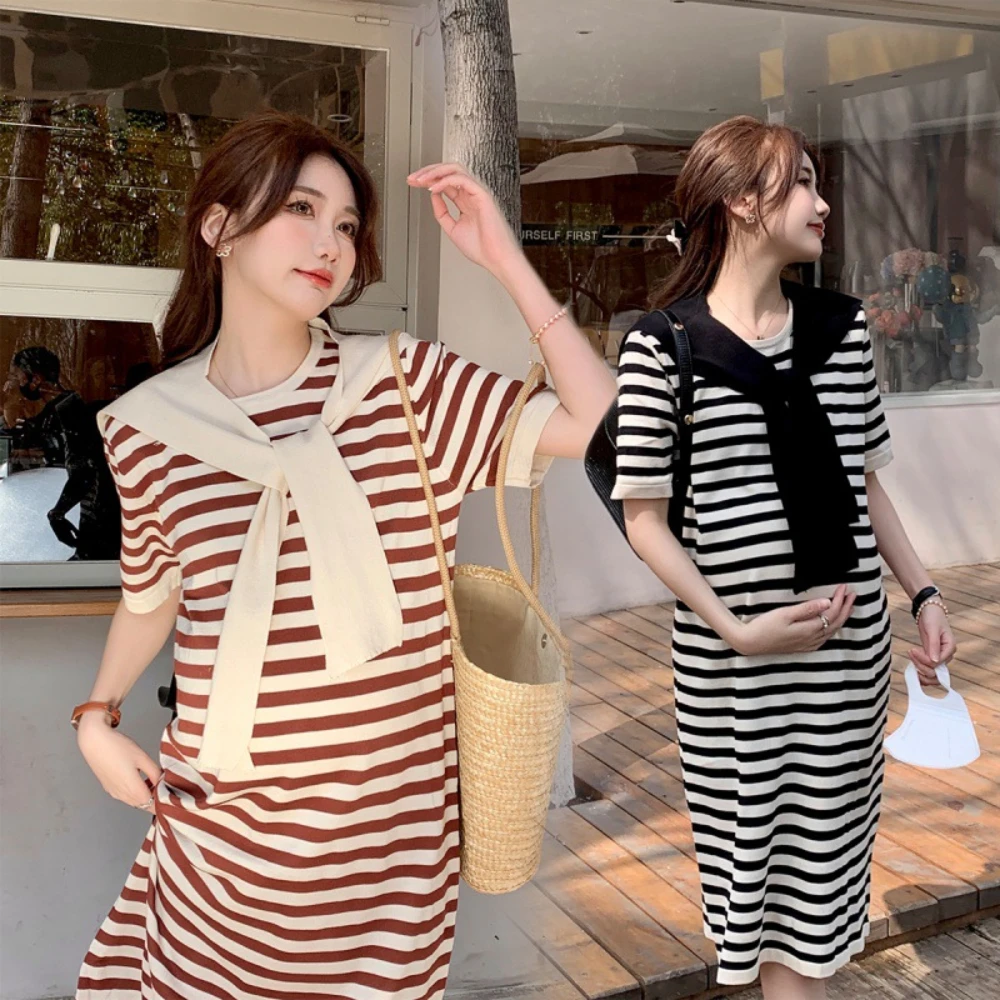 

Pregnant Women's Dress Summer Fashionable Detachable Shawl Age Reducing Short sleeved T-shirt Ice Silk Split Striped Dresses