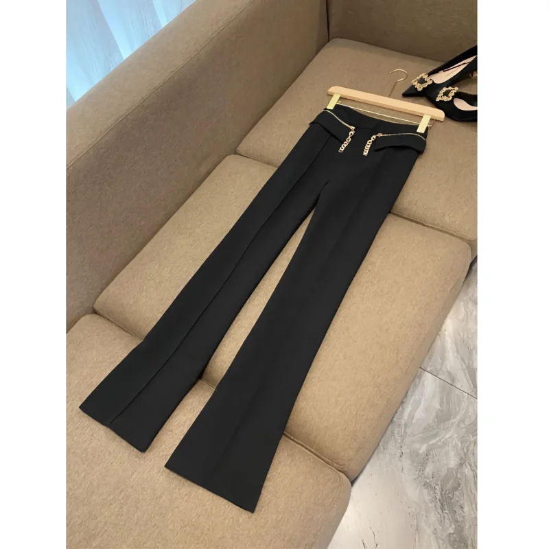 

New Style Spring and Autumn Women's Solid High Waist Slim Flare Pants All Match Chain Sashes Fashion Casual Commute Trousers
