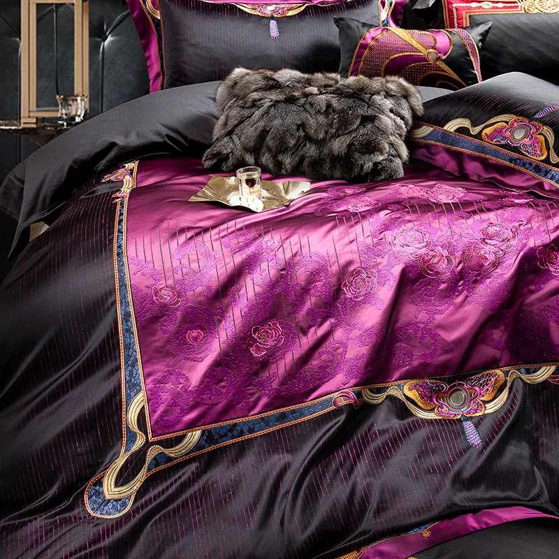 Luxury 800TC Brocade Jacquard  Black Purple Patchwork Embroidery Bedding Set Quilt Cover Bed Sheet Or Bedspread Pillow Shams 4