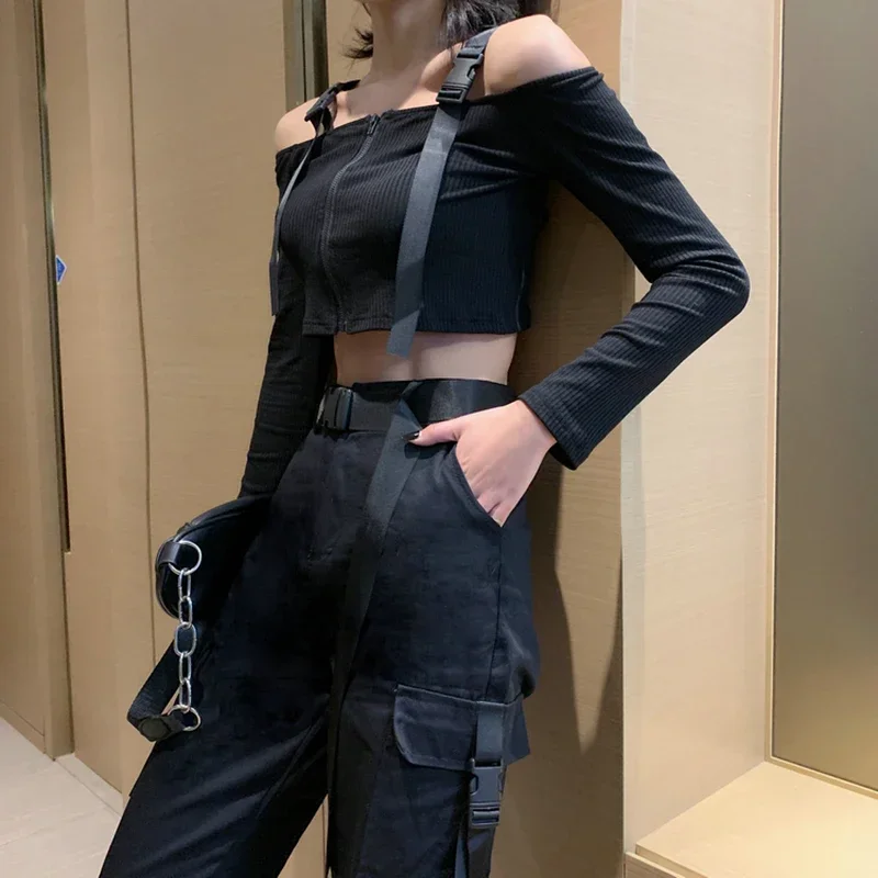 Black Gothic Women Sets 2023 Spring Summer 2 Piece Set Sexy Crop Top Cargo Pants High Waist Trousers Hip Hop Women's clothing
