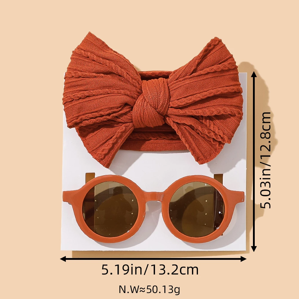 2Pcs/Set Puff Bow Baby Headband Sunglasses Matte Flower Circular Sun Glasses Eye Wear Elastic Nylon Hair Bands Seaside Headdress 4