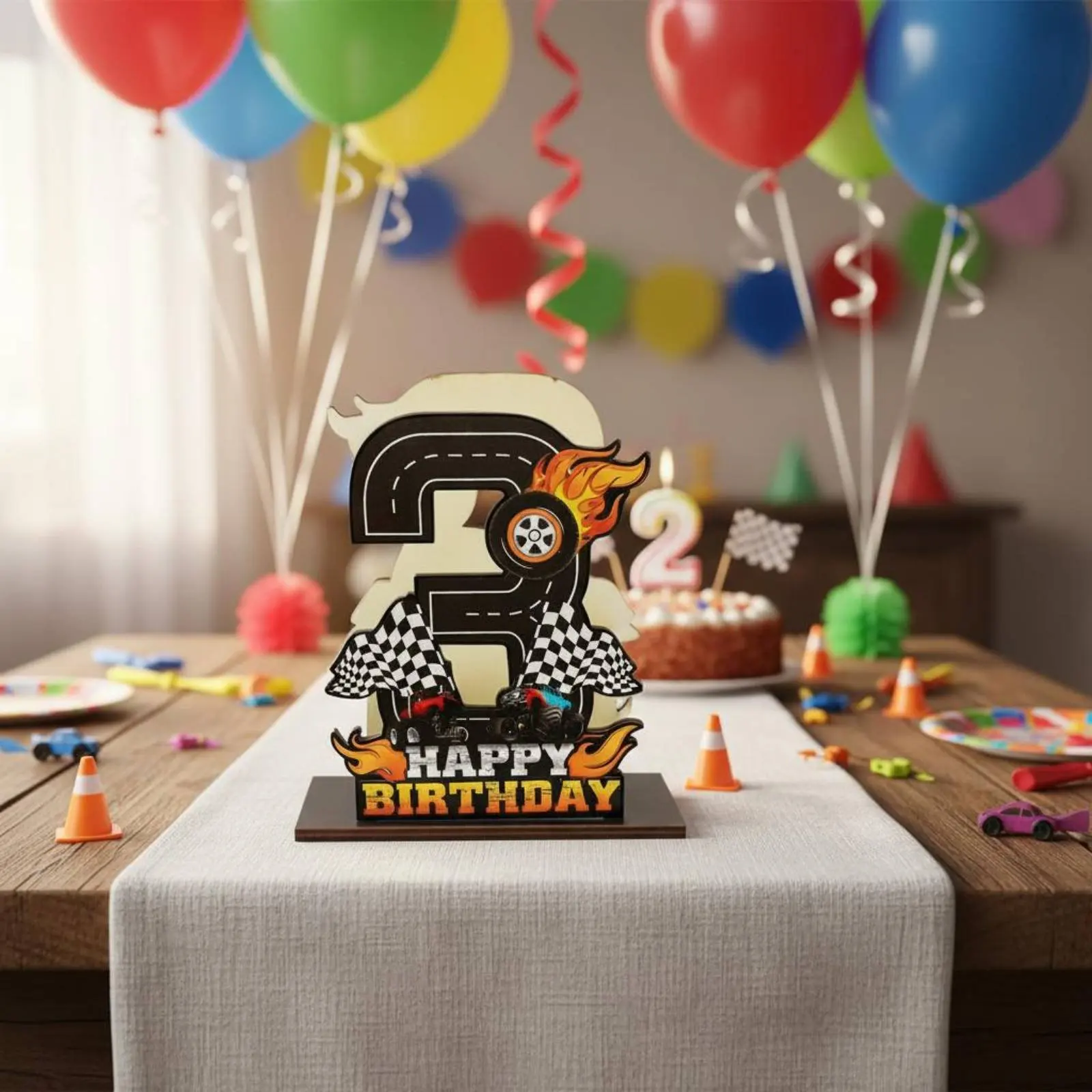 스피드 카 생일 냅킨 홀더 창의적인 디자인 나무 레이싱 테마 냅킨 스탠드 어린이를위한 생일 번호 테이블 장식