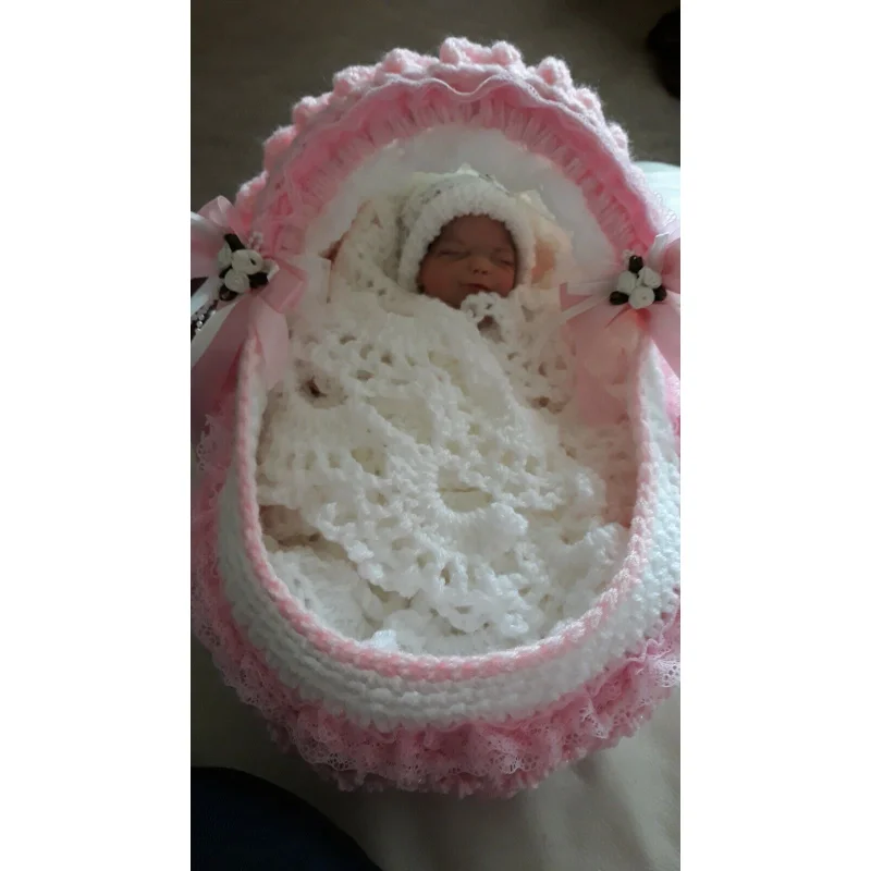 Reborn Baby Doll Handmade Crochet Basket with Pillow and Shawl Lovely Pink Princess Bed Suitable for 3-14 Inch Doll