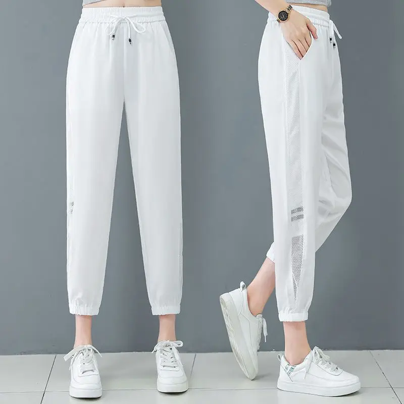 2024 Sports Minimalist Casual Fashion Drawstring High Waisted Loose Oversize Straight Ice Silk Ankle Tied Harlan Pants for Women