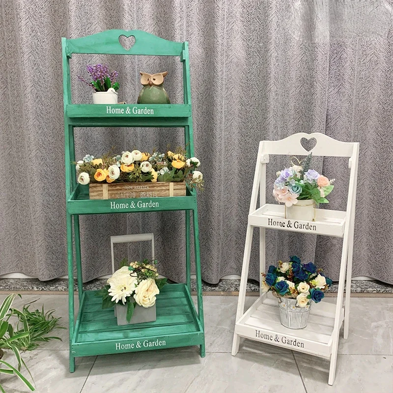 Garden Flower Shelf Balcony Decoration Plant Shelves Living Room Floor-to-ceiling Solid Wood Green Dill Window Flower Rack
