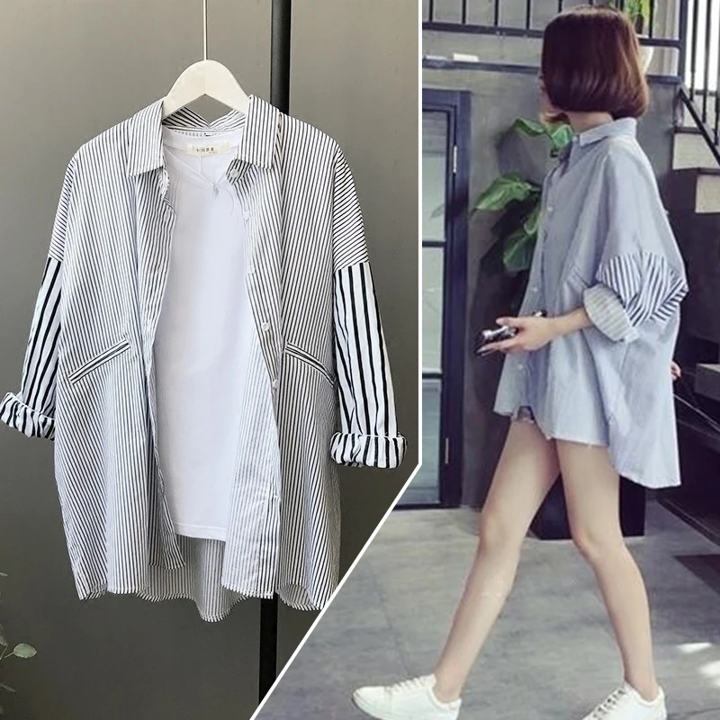 

Newly Women's Blouse Korean Style Striped Shirt Splicing Oversized All-Match Casual Long Sleeves Tops for Girls Ladies