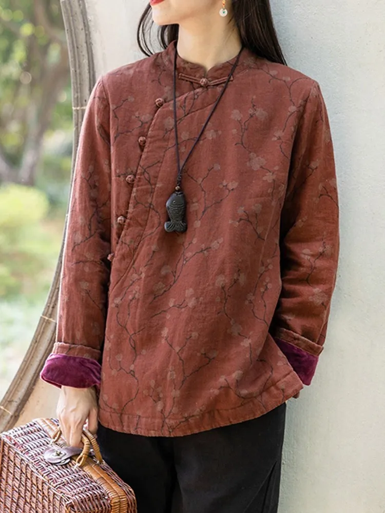

Chinese Style Vintage Print Casual Jackets Women New Arrival 2023 Autumn Winter Stand Collar Loose Female Outerwear Coats B3182