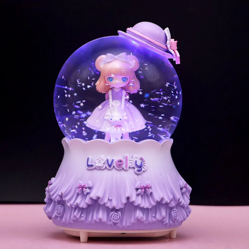 Creative Cartoon Girls Crystal Ball Romantic Color Light Snow Music Box Home Desktop Decoration Valentine's Day Birthday Gifts