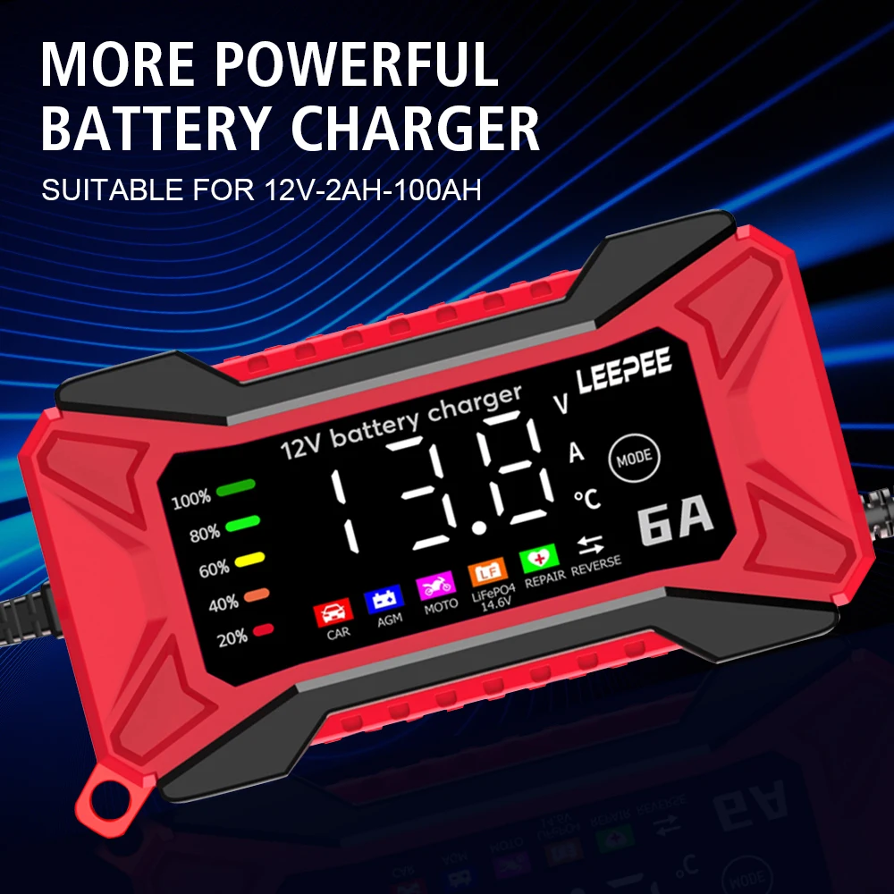 Enhanced Digital LCD Car Battery Charger 12V 6A with Intelligent Pulse Repair and Temperature Detection