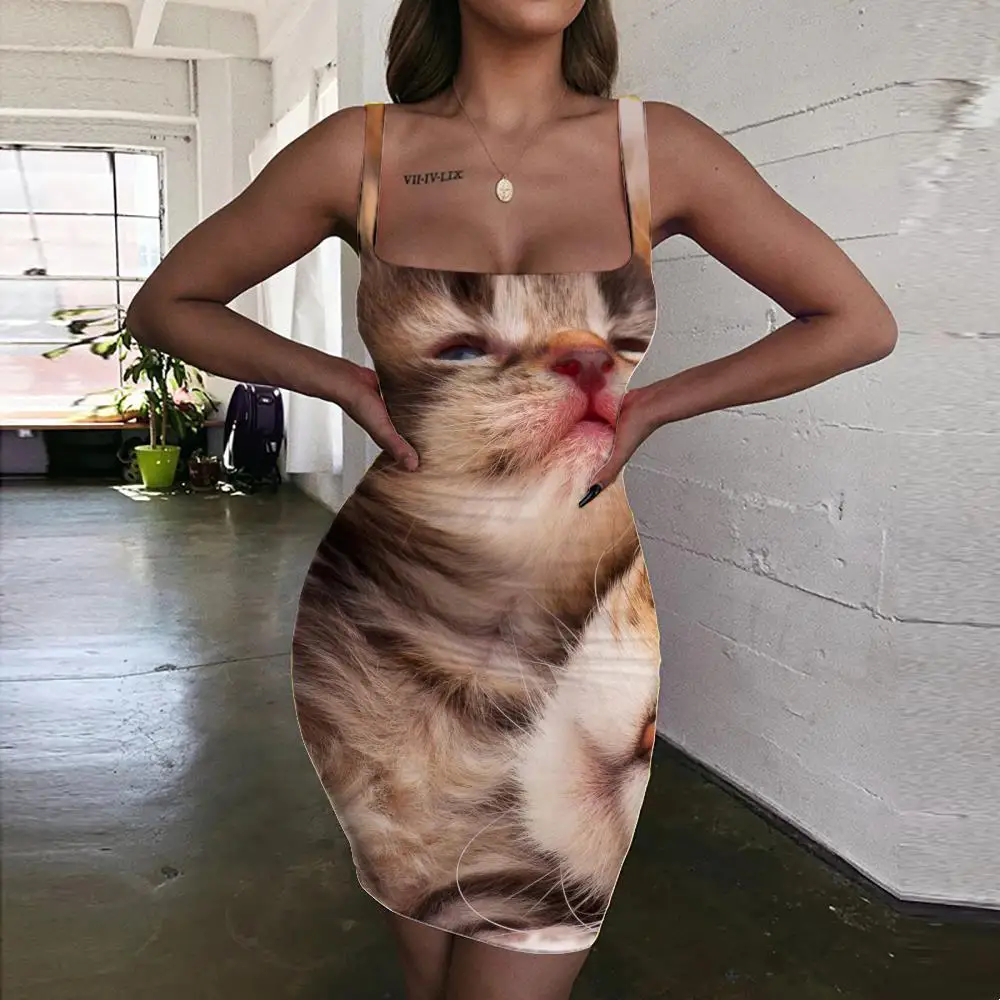 

KYKU Cat Dresses Women Animal 3d Print Lovely Ladies Dresses Happiness Bodycon Dress Sundress Womens Clothing Club New